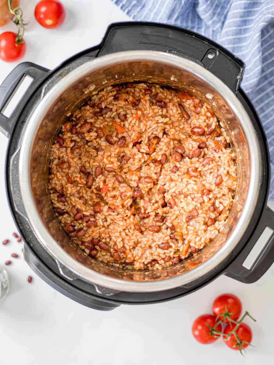 Rice and beans inside the inner pot Instant Pot.