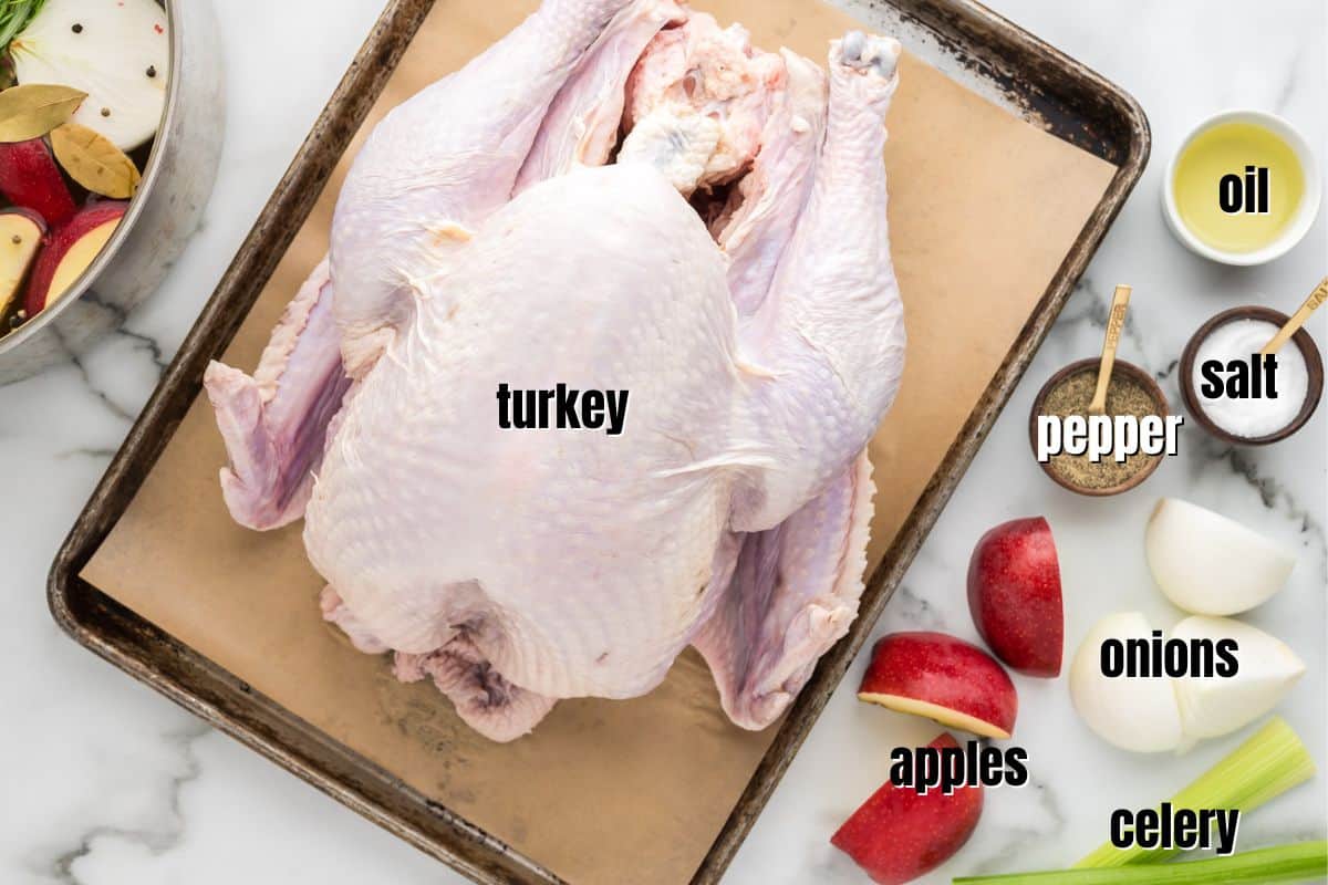 Ingredients for roasted turkey labeled on counter.