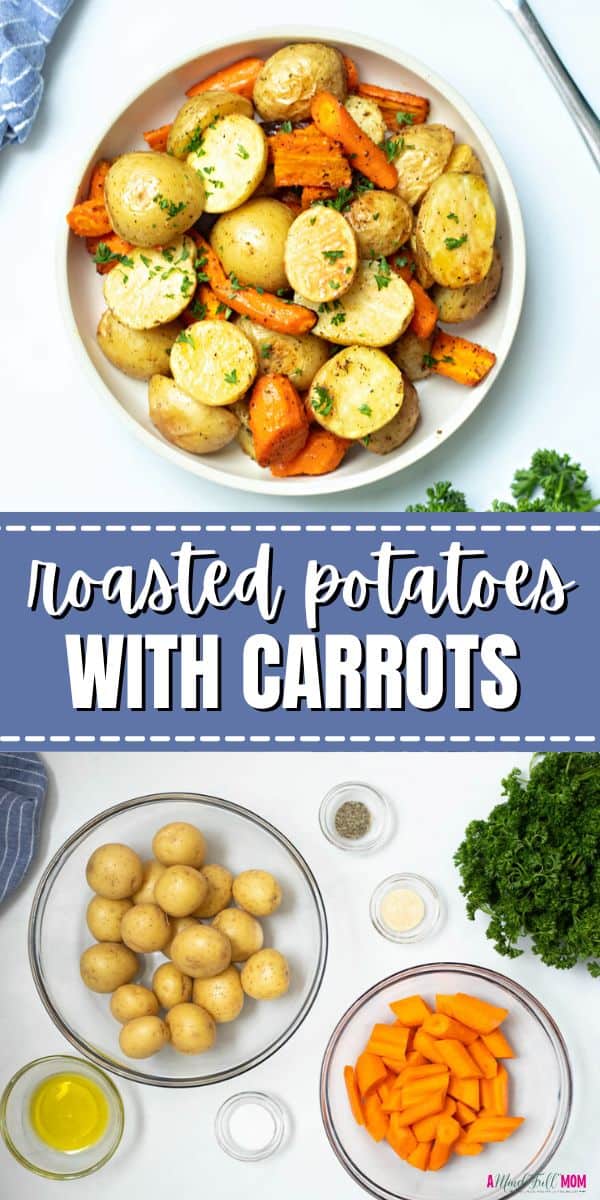 Roasted Potatoes and Carrots make the ultimate cheap and easy side dish! Tossed with garlic and roasted until tender and caramelized, this easy recipe takes humble ingredients and turns them into a memorable side dish that is worthy of any meal.