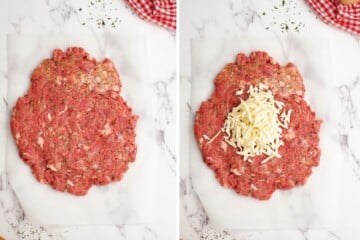 Meatloaf mixture flattened on parchment in rectangular shape next to photo of shredded cheese added to center of meatloaf mixture.