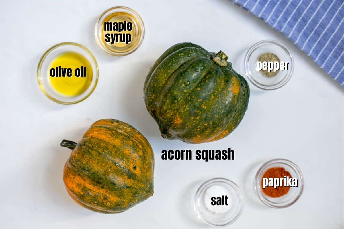 Ingredients for Acorn squash roasted labeled on counter.