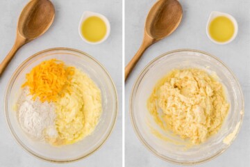 Side by side mixing bowl with leftover mashed potatoes before and after mixing in flour, seasonings, and cheese.