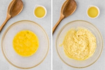 Side by side mixing bowl showing mixing bowl with mixed egg and then one with egg mixed into mashed potatoes.
