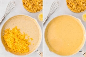 Side by side saute pan before and after mixing in the cheese to melt.