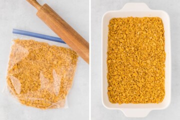 Side by Side photo of cornflakes in baggie after being crushed with a rolling pin and then topped on top of hashbrown potato casserole.