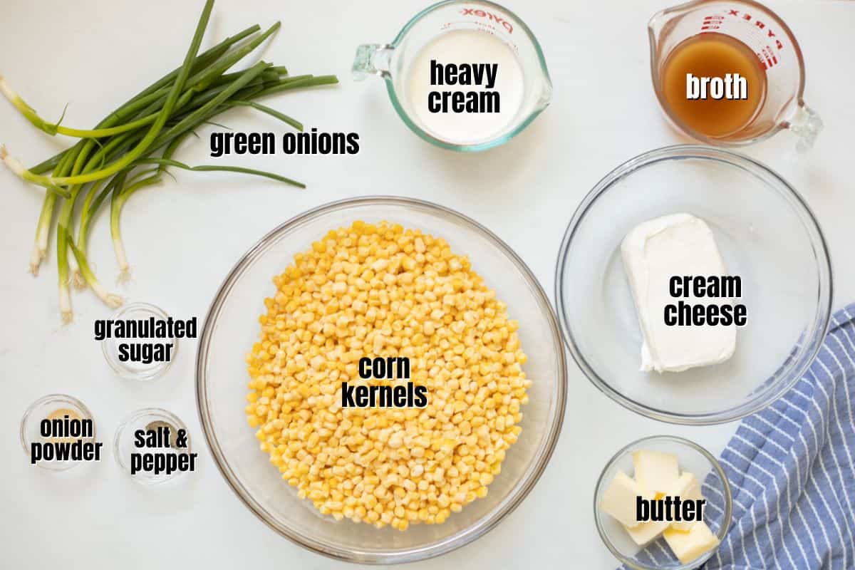 Ingredients for Instant Pot Creamed Corn labeled on the counter.