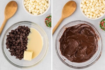 Side by side photo showing semi-sweet chocolate chips before and after melting with sweetened condensed milk.