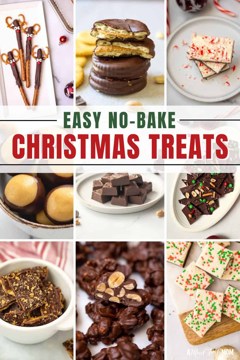 Collage of no bake recipes with text that reads easy Christmas Treats.