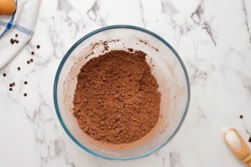 Cocoa powder, flour, baking powder, salt, and chocolate chips mixed together in large mixing bowl.