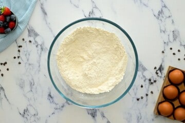 Dry ingredients in large mixing bowl for sheet pan pancake.