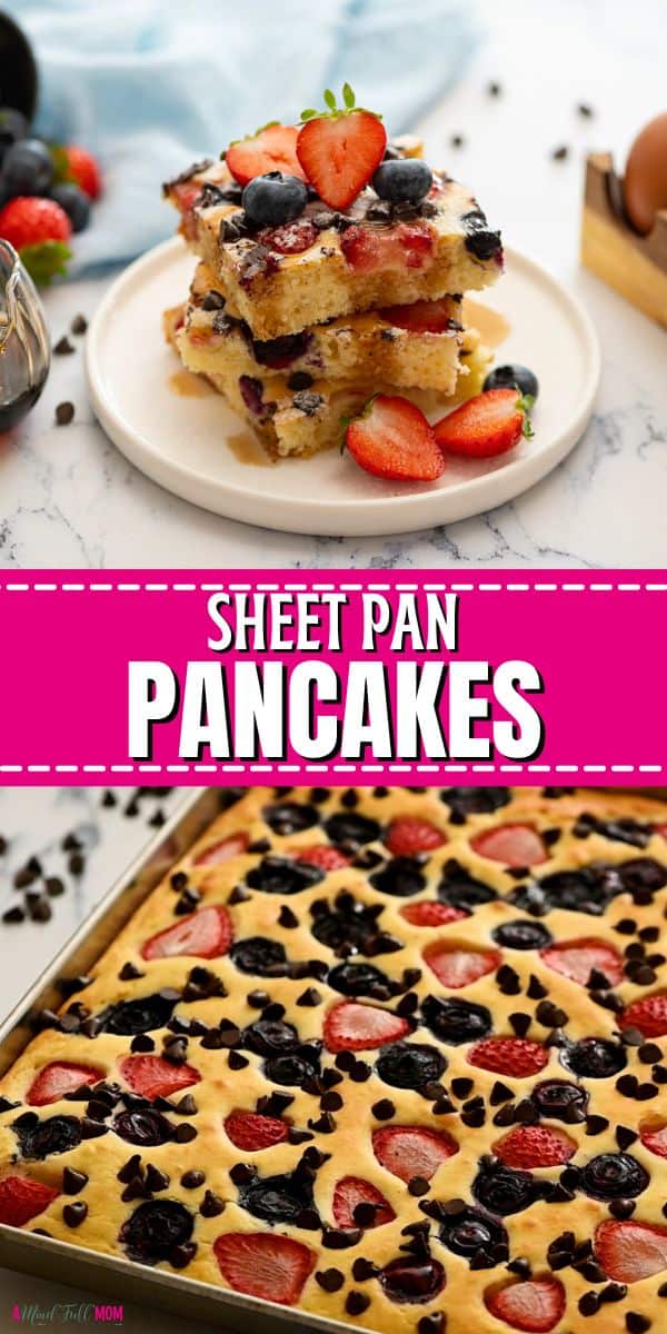 Sheet Pan Pancakes deliver the same flavor and fluffy texture as homemade traditional pancakes but are much easier to make! With this pancake recipe, there is no need to flip the pancakes, stand over the stove, or eat in shifts! This is the easy way to serve pancakes!