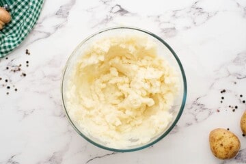 Mashed cooked potatoes in large mixing bowl.
