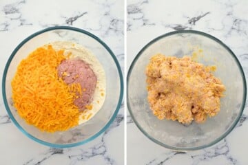 Side by side photos of mixing bowl with ingredients for sausage balls before and after mixing.