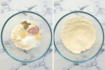 Side by side photo of mixing bowl with ingredient for homemade bisquick before and after mixing together.