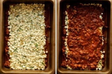 Side by side photos showing adding cottage cheese and meat sauce to lasagna layers.