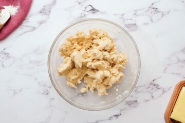 Shortbread Cookie dough in mixing bowl prior after adding flour.