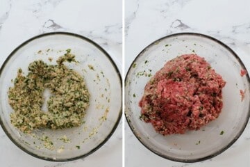 Side by side photos of bowls before adding meat to the mixing bowl to make homemade meatballs.