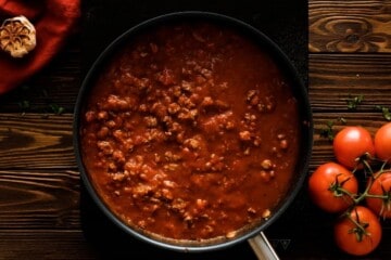 Meat sauce for homemade lasagna in large skillet.