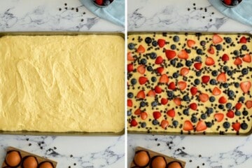 Side by side photos of pancake batter spread out on sheet pan before and after topping with berries and chocolate chips.