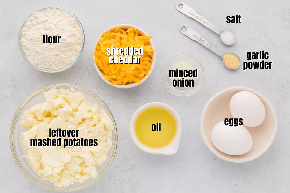 Ingredients for mashed potato cakes labeled on counter.