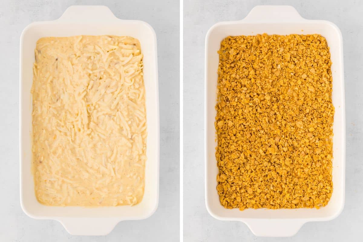 Side by side photo of hashbrown potato casserole before and after adding cornflake topping.