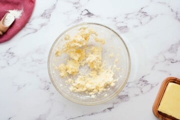 Creamed butter and sugar in large mixing bowl for shortbread cookies.