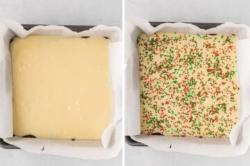 Side by side photos showing white chocolate fudge layer spread out in baking dish before and after adding christmas sprinkles.