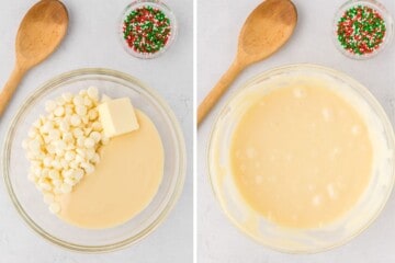 Side by side photos of mixing bowl before and after melting white chocolate chips with sweetened condensed milk.