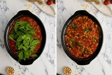 Side by side photo of slow cooker before and after cooking spinach to minestrone soup.