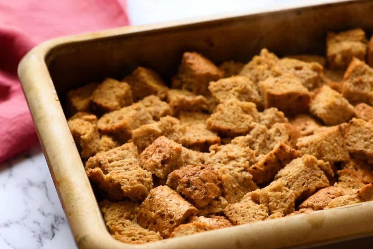 Overnight French Toast Baked French Toast Casserole in baking dish.