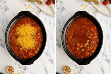 Side by side photo of slow cooker before and after cooking pasta for minestrone soup.