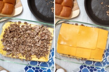 Collage of assembling breakfast slider sandwiches with sausage and cheese slices.