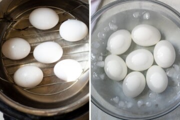 Side by side photo of hard-boiled eggs in instant pot and ice bath.