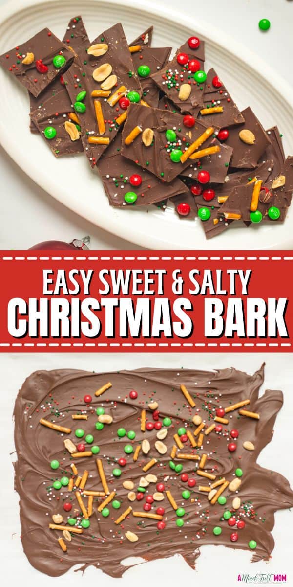 Need a simple holiday treat? You will love this incredibly easy recipe for Christmas Bark! Made with rich melted chocolate and topped with sweet and salty festive toppings, this recipe puts a festive spin on a simple chocolate bark recipe. 