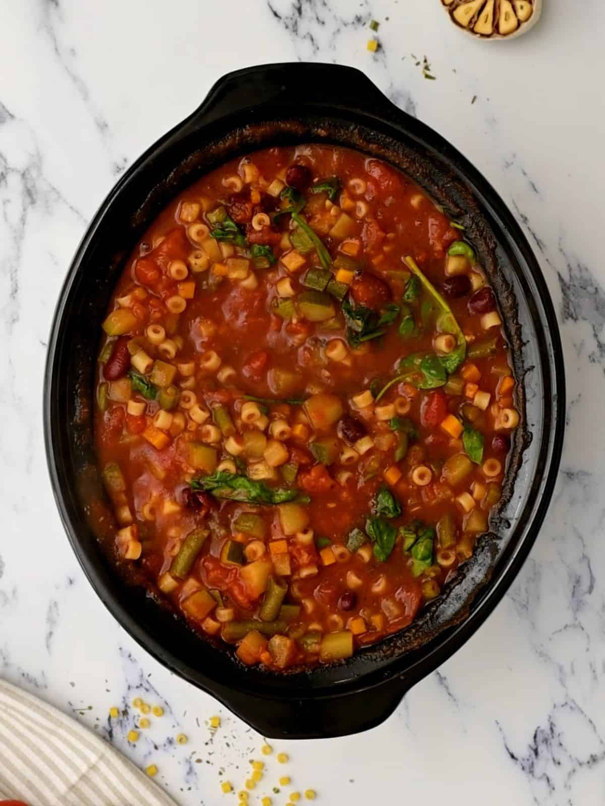 Crockpot minestrone cooked in slow cooker.