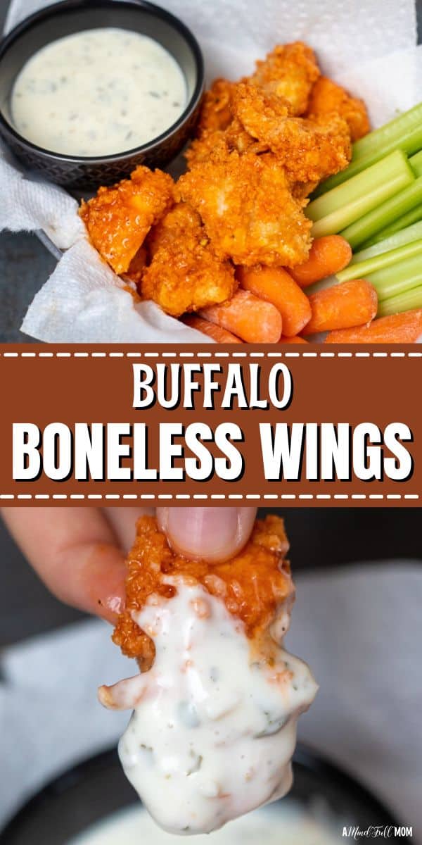 Enjoy the flavor of chicken wings without the bones using this recipe for crispy, crunchy buffalo boneless wings! Inspired by Buffalo Wild Wing's Boneless Buffalo Wings, this recipe for Homemade Boneless Wings delivers intense flavor with minimal effort! 