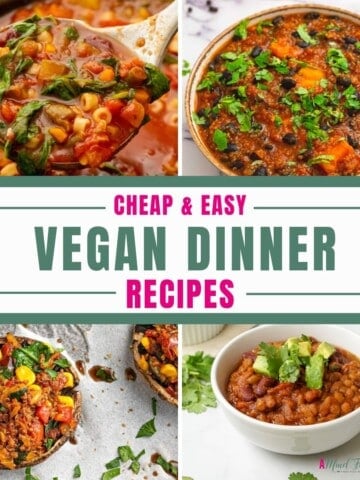 Collage of vegan dinners with title text overlay that reads cheap and easy vegan dinner recipes.