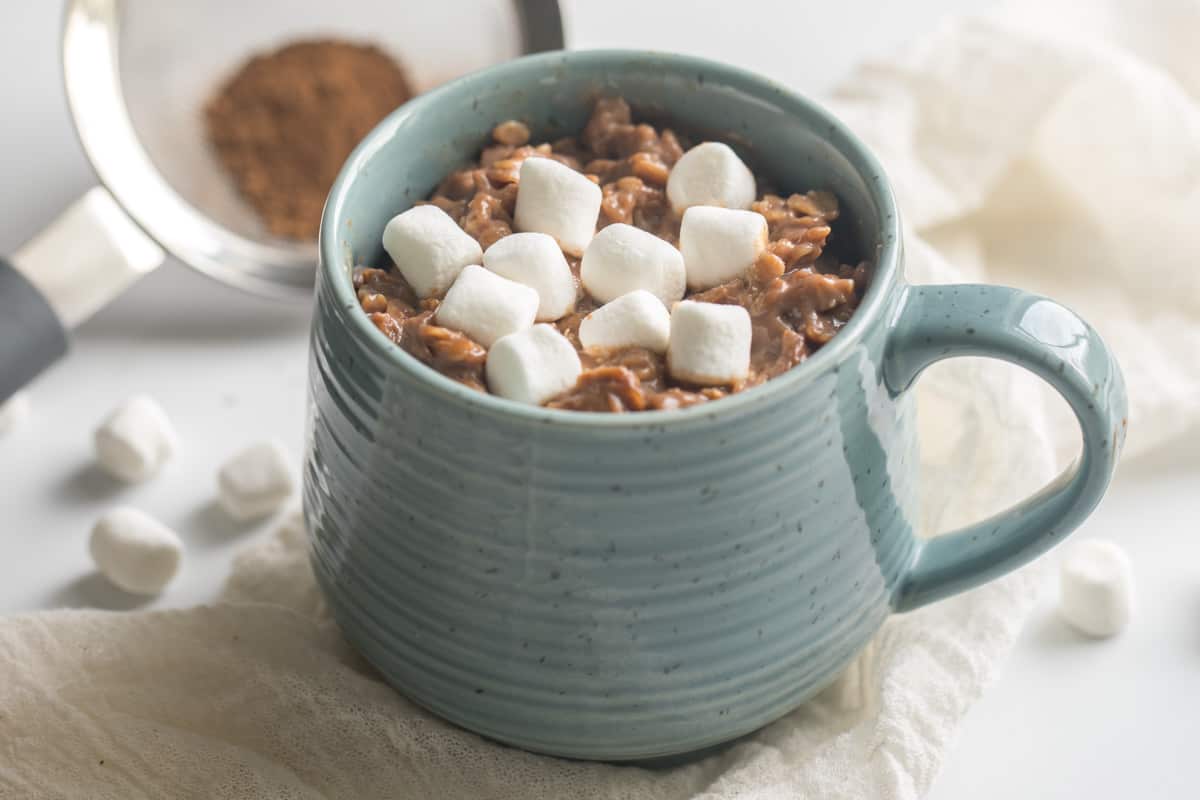 Hot Chocolate Oatmeal in blue mug topped with marshmallows.