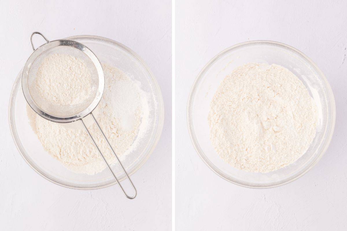 Side by side photo of mixing bowl with sifter over bowl next to bowl after ingredients mixed together.