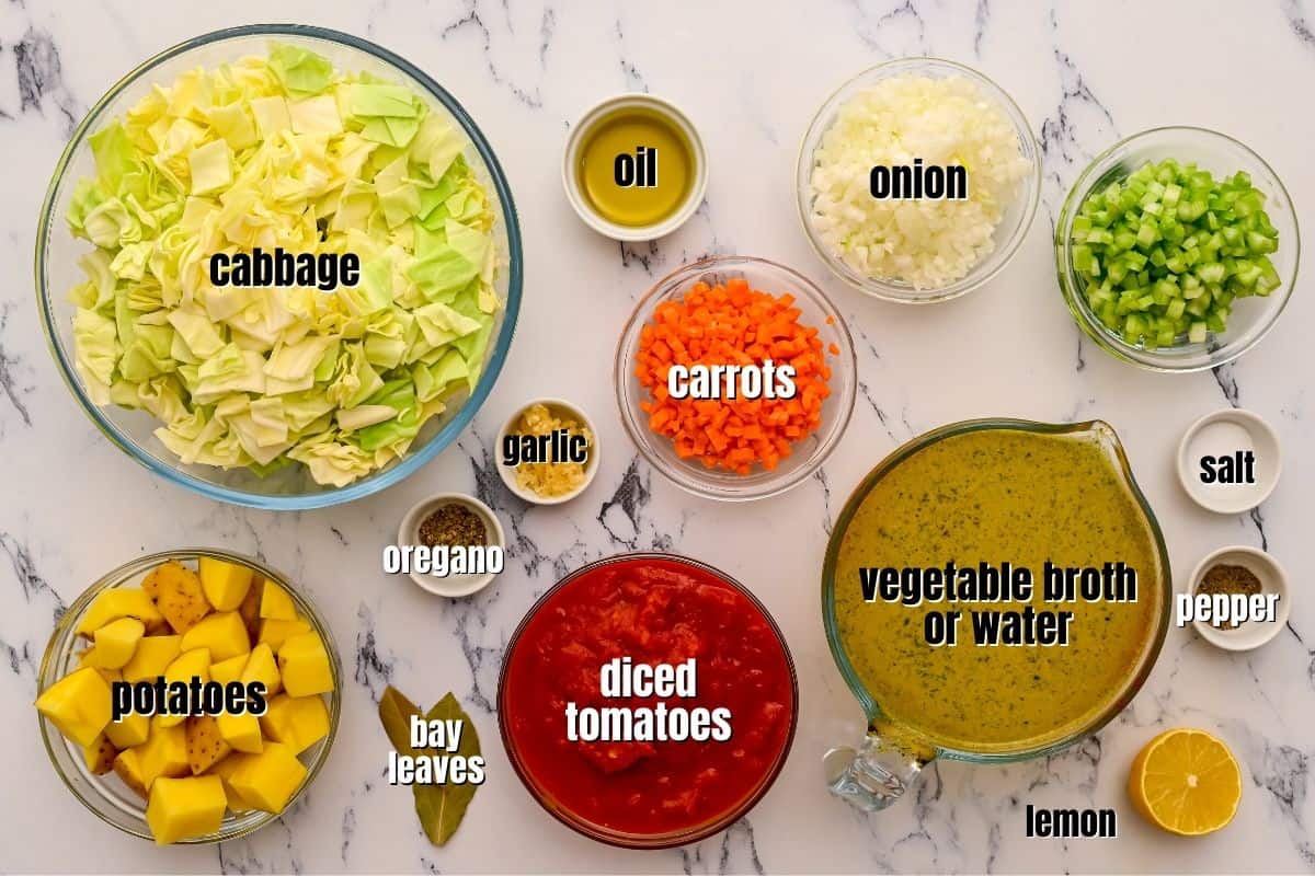 Ingredients for Cabbage Soup with title text labels.