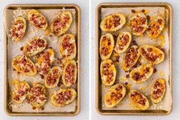 Side by side photo showing potato skins topped with cheddar, Monterrey Jack cheese, and bacon before and after baking.
