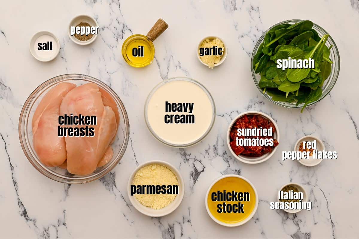Ingredients for Instant Pot Marry Me Chicken labeled on counter.