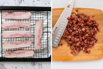 Side by side photo showing bacon on baking rack next to photo of crispy baked bacon on cutting board chopped into small pieces.