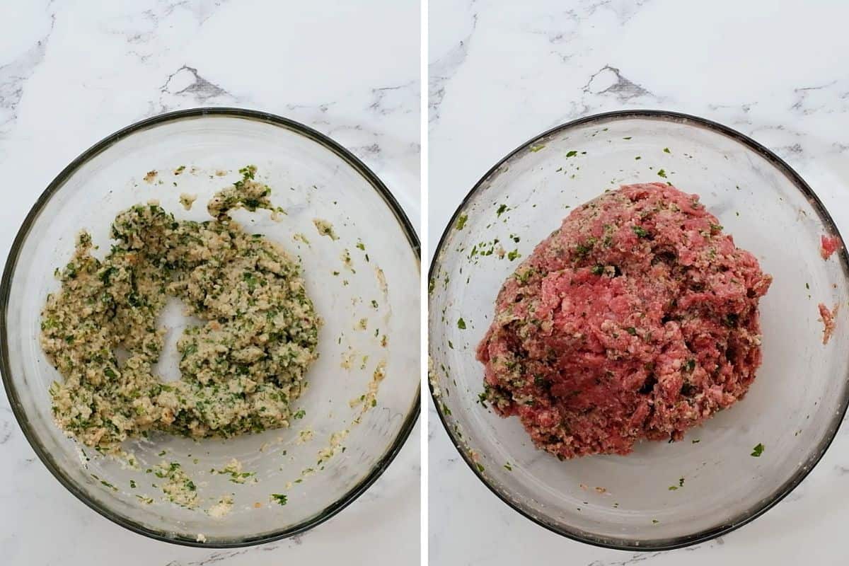 Side by side photo showing mixing bowl with ingredients for meatballs before and after adding in the ground meat.