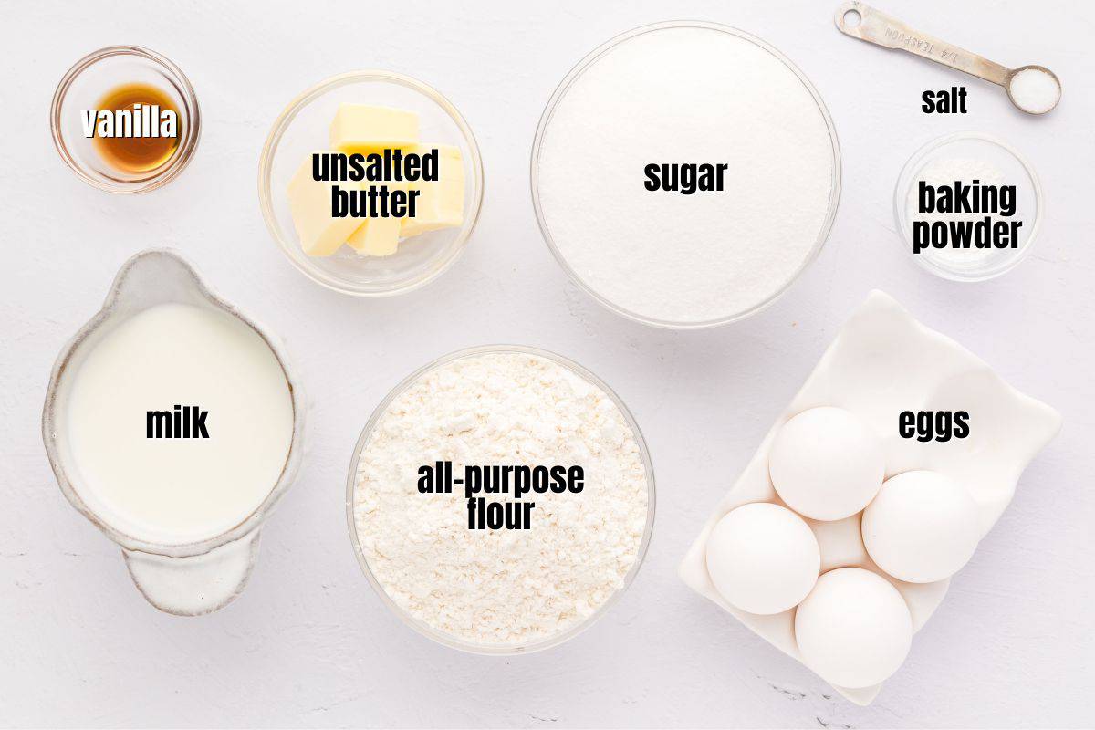 Ingredients for hot milk cake labeled with text overlay.