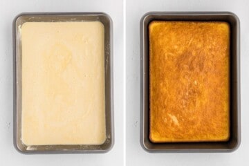 Hot Milk cake batter poured into cake pan before and after baking.