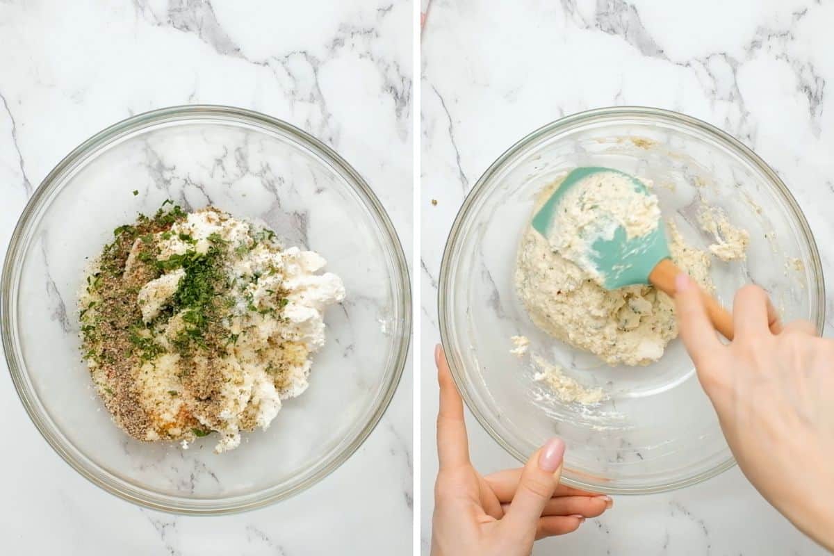 Side by side photo showing ingredients for ricotta filling in bowl and then photo of ingredients being mixed together.