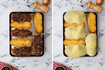 Side by side photos showing layering beef and cheese on toasted buns.