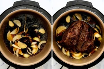 Side by side photo collage showing ingredients for au jus in instant pot before and after adding seared chuck roast.