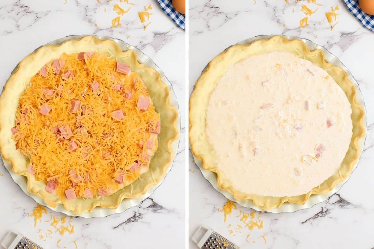 Side by side photo showing pie crust layered with ham and cheddar and then custard poured on top.